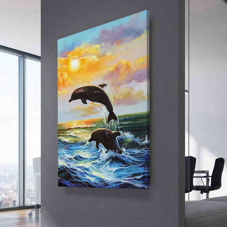 Ocean Sunset With Jumping Dolphins Duo Canvas Wall Art MusicWallArt