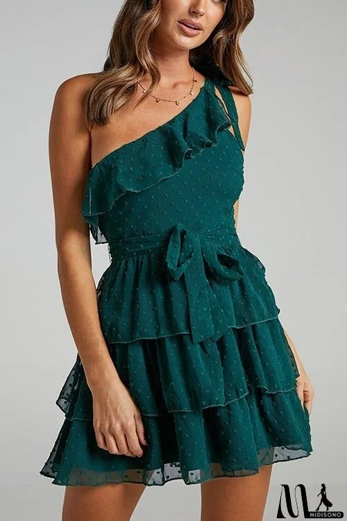 Bow Tie One Shoulder Bleted Tiered Dress