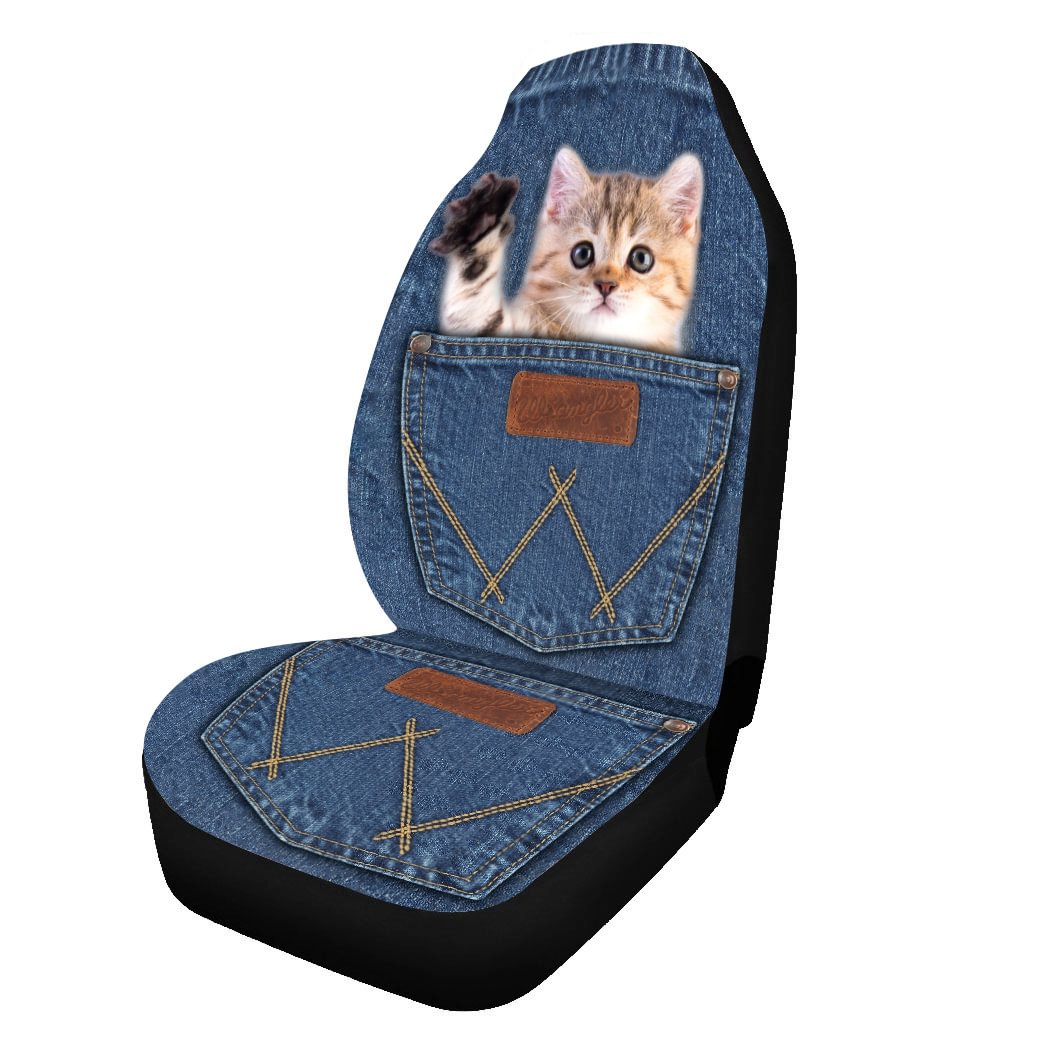 Pocket Cat Printed Front Car Seat Covers. Protector Car Mat Covers, Fit Most Vehicle, Cars, Sedan, Truck, SUV, Van