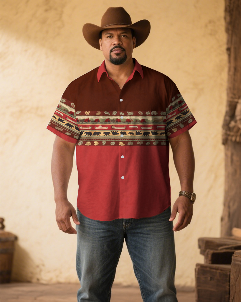 Men's Plus Size Red Western Denim Ethnic Pattern Printed Short Sleeve Shirt