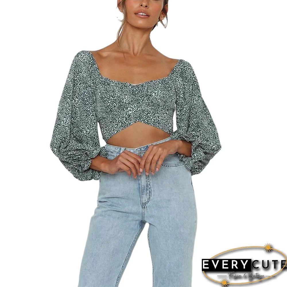 Green Floral Print Long Sleeve Crop Tops