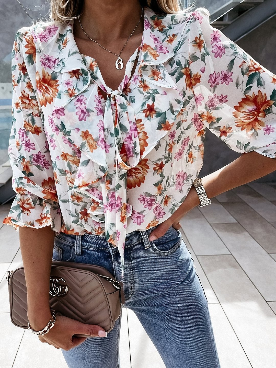 Floral Print Pleated Long Sleeve Blouses