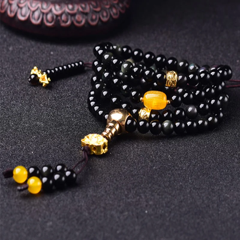 Black Obsidian Lotus 108 Beads Natural Fulfilment Mala Bracelet