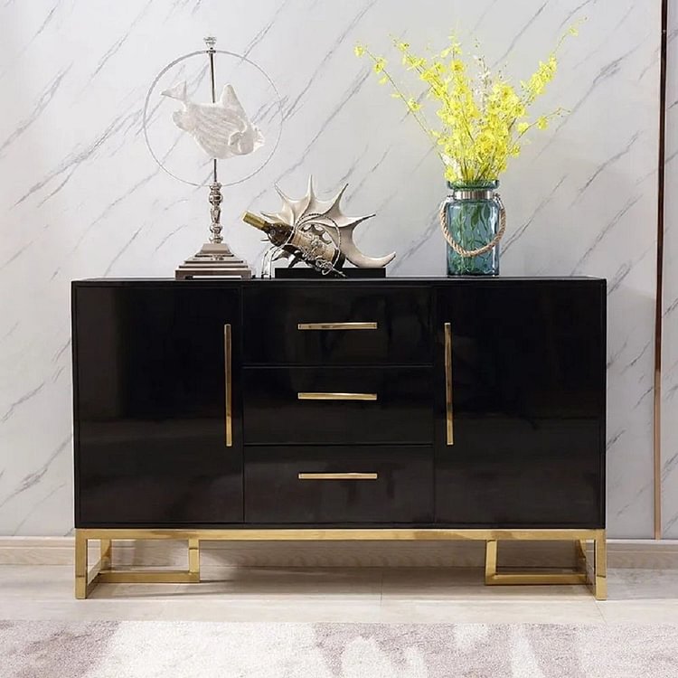 Homemys Modern Luxurious 59" Black Buffet Table 2 Doors & 3 Drawers Kitchen Storage Sideboard Cabinet in Gold