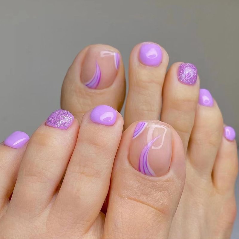 Agreedl Nail Acrylic Set 24Pcs Glossy Geometric Nail For Foot Pink Purple Fake Feet Nail For Women Girl Free Shipping Fake Toe Nails