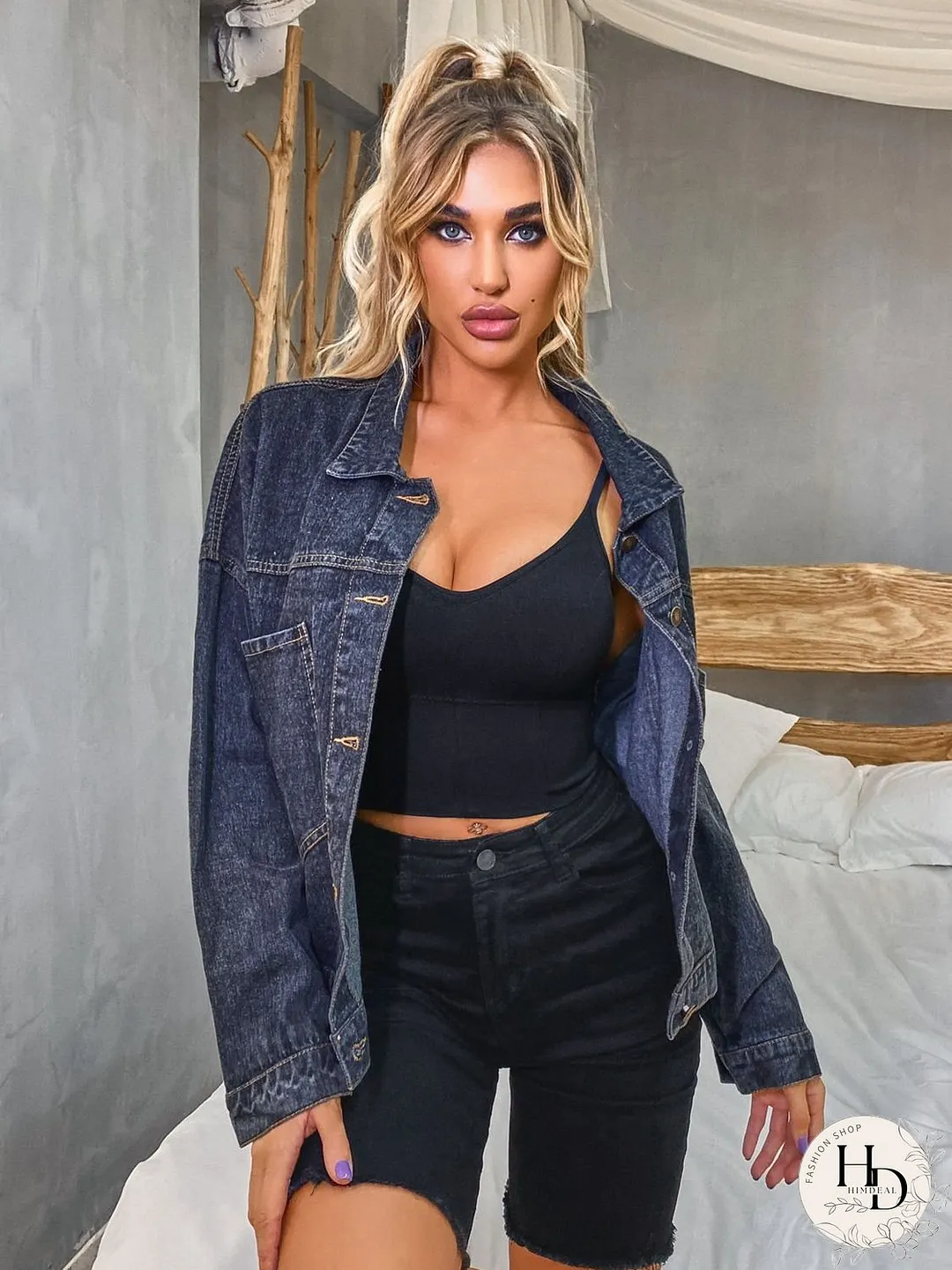 Collared Neck Dropped Shoulder Denim Jacket