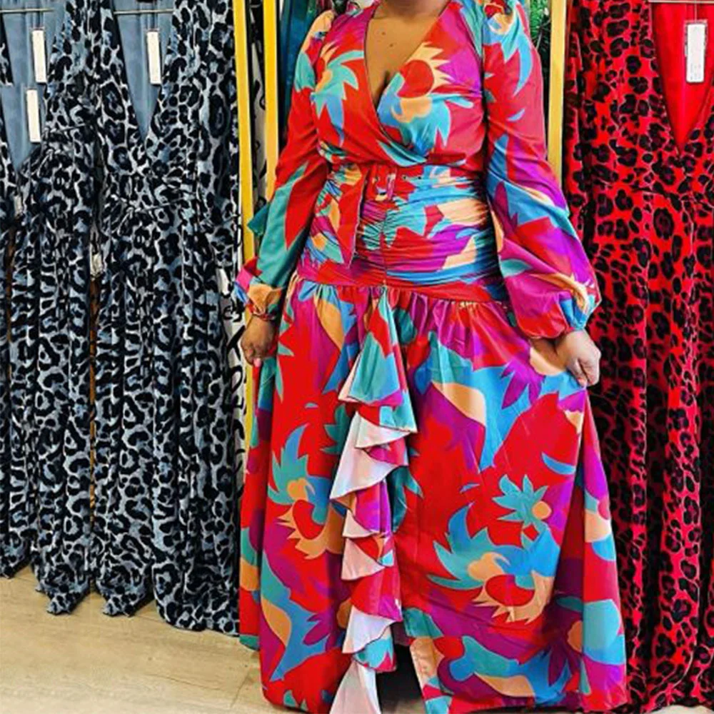 Brownm Brownm Spring New Women's Retro Print Deep V Open Fork Dress Dress Dress Dress