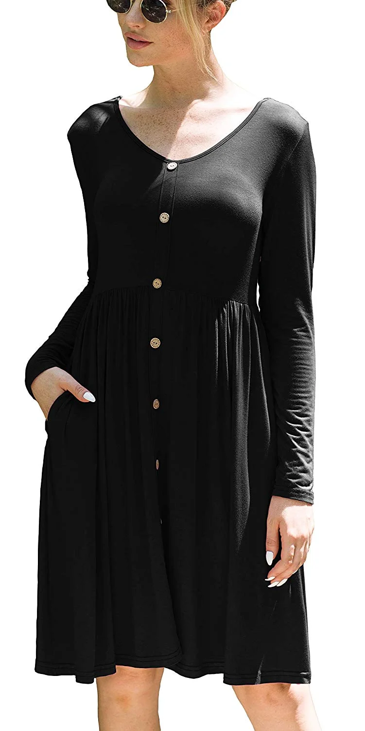 Women's Long Sleeve V Neck Button Casual Plain Swing Dresses Wasp Down A-Line Dress with Pockets