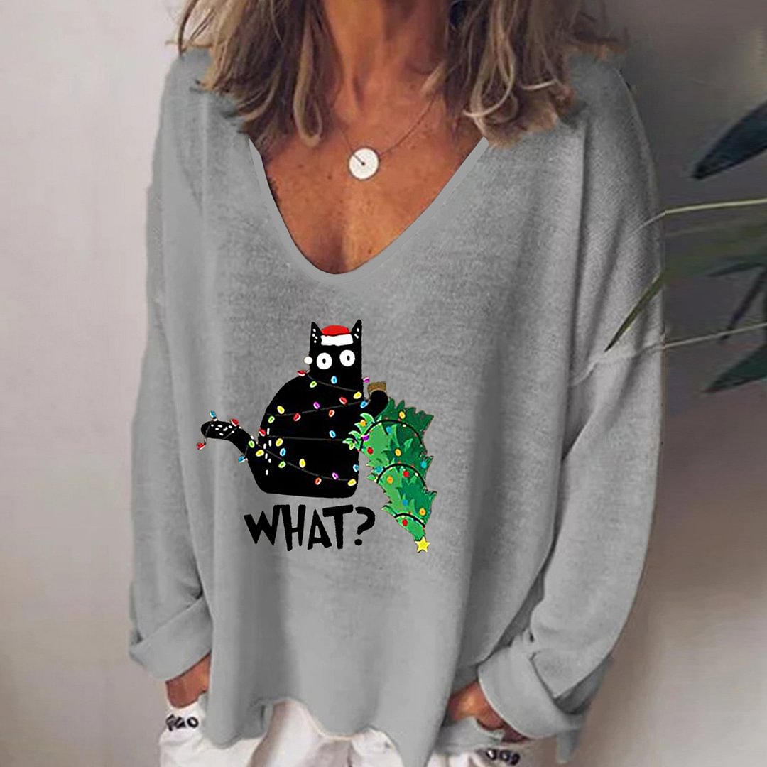 Casual Christmas Tree Cat Print T-Shirt