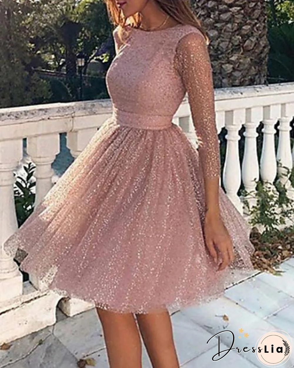 Women's Skater Short Mini Dress Long Sleeve Solid Colored Backless Glitter Clothing Fall Spring Hot Sexy Blushing Pink S M L XL XXL
