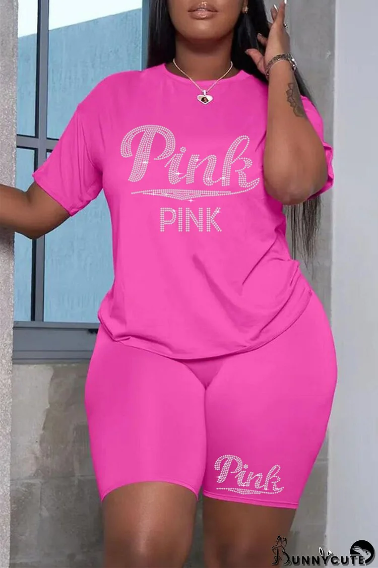 Pink Fashion Casual Letter Hot Drilling Patchwork O Neck Short Sleeve Plus Size Two Pieces