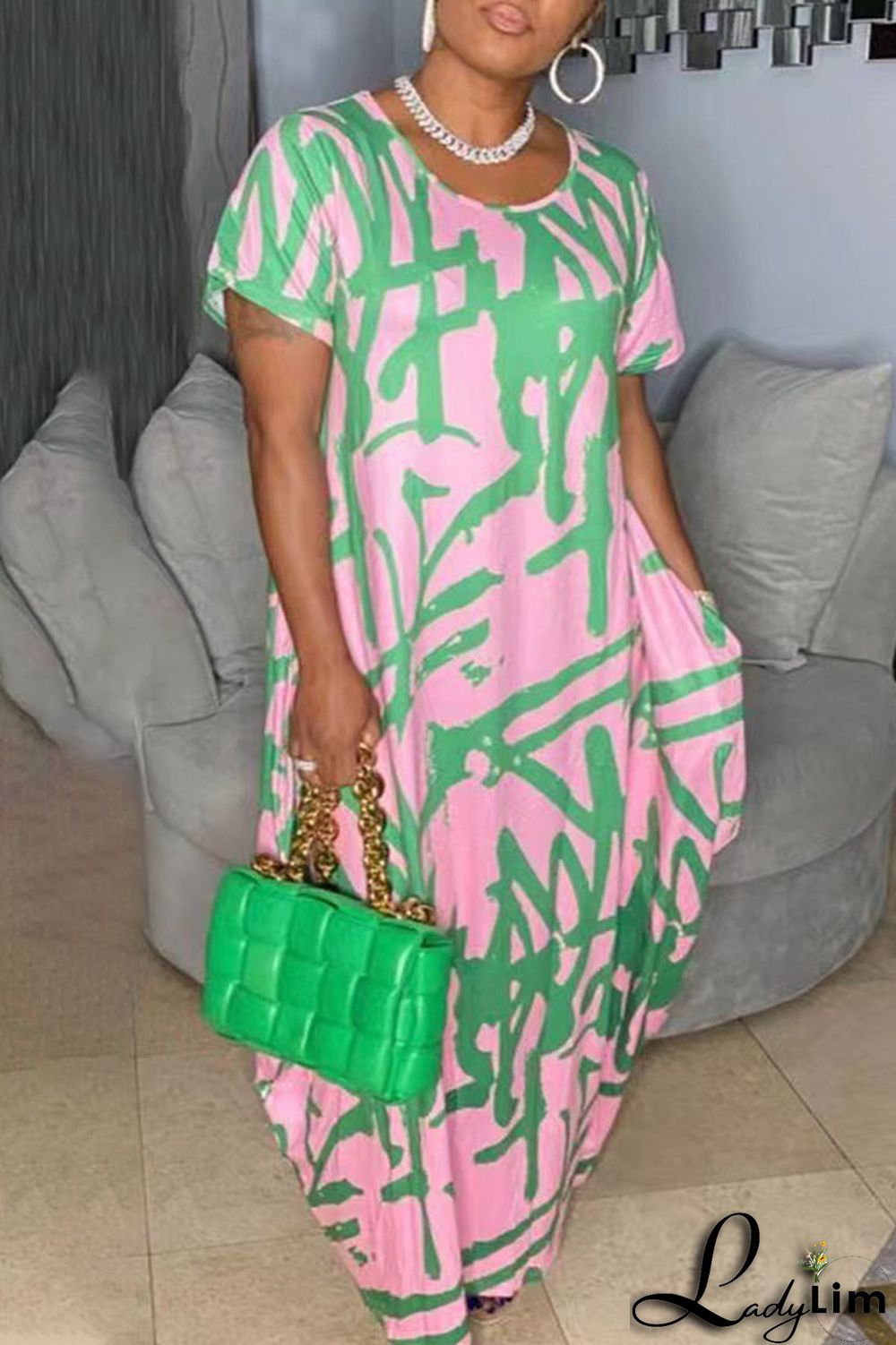 Black Fashion Casual Print Patchwork O Neck Long Dress Plus Size Dresses