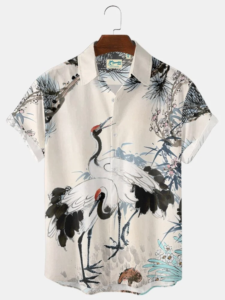 Men's Vintage Hawaiian Shirts Chinoiserie Oriental  Ink Crane Wrinkle Free Tops