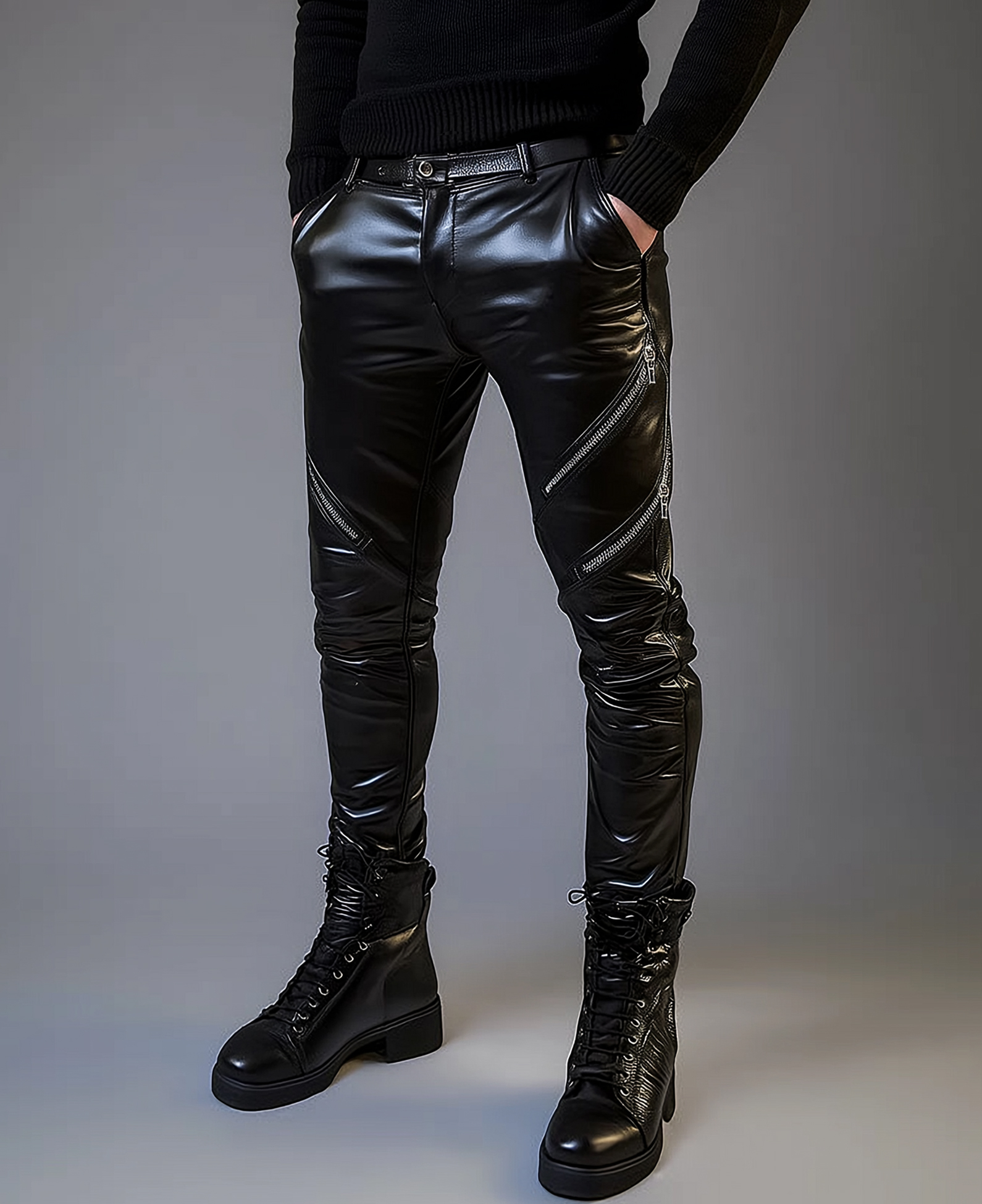 Okaywear PU Leather Zipper Design Slant Pocket Skinny Pants