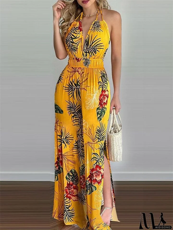 Women's Sexy Backless Digital Print Halter Side Slit Jumpsuit