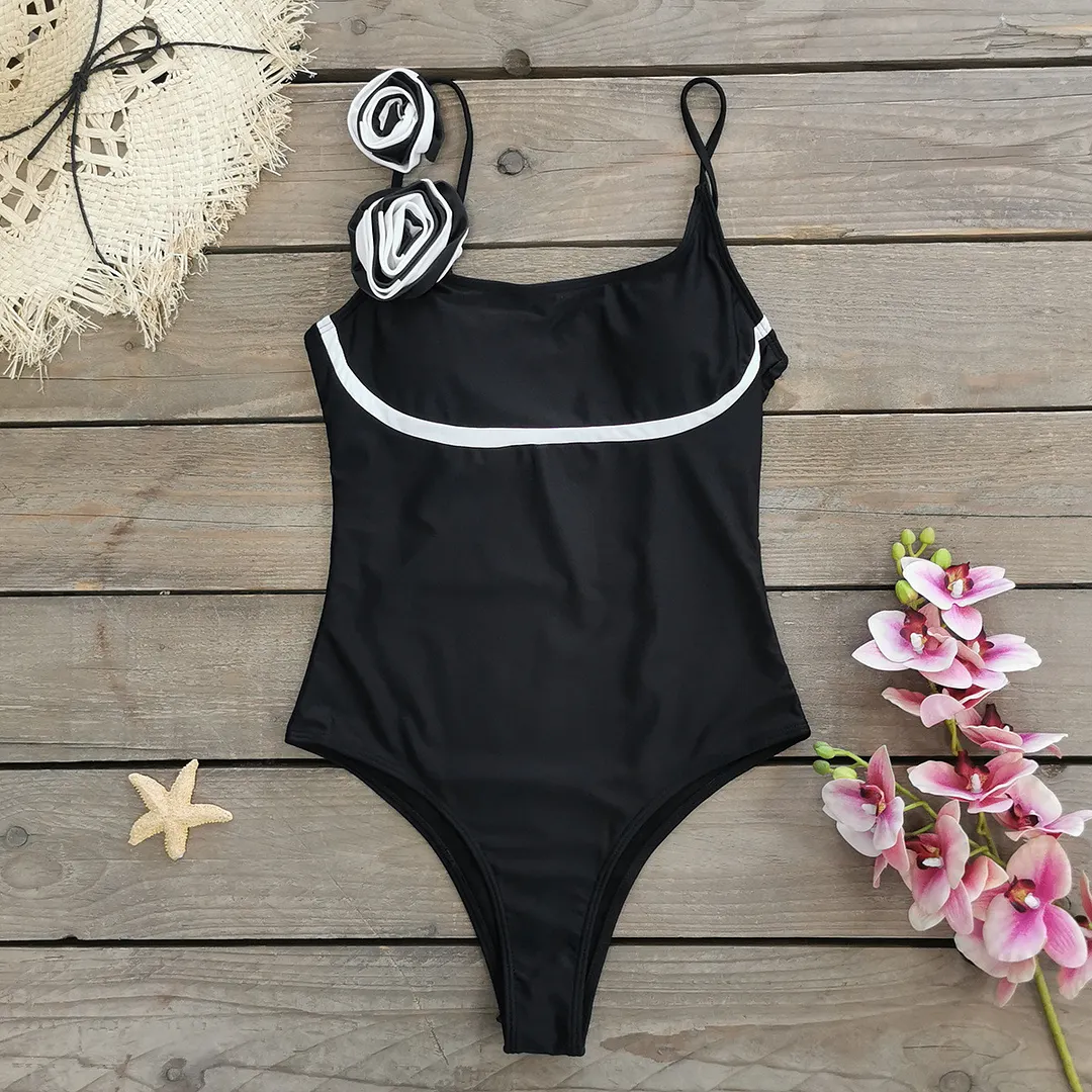 Uveng Suspension 3D Flowers Solid Color One-Piece Swimsuit Women 2025 New One-Piece Swimsuit