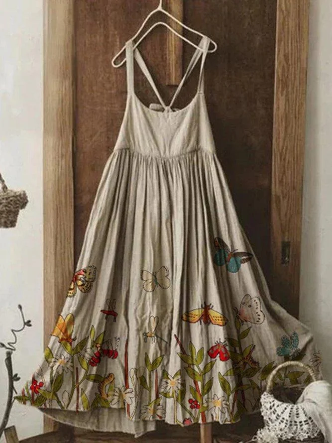 Vintage Sleeveless Statement Butterfly Floral Printed U Neck Plus Size Casual Dresses