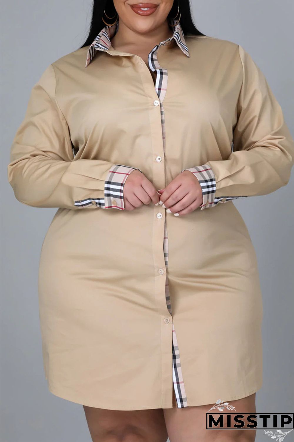 Khaki Fashion Casual Plus Size Print Patchwork Turndown Collar Shirt Dress