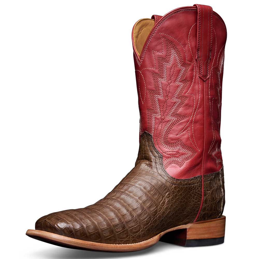 Red & Brown Croco Embossed Square Toe Stitching Mid-Calf Cowgirl Boots Nicepairs