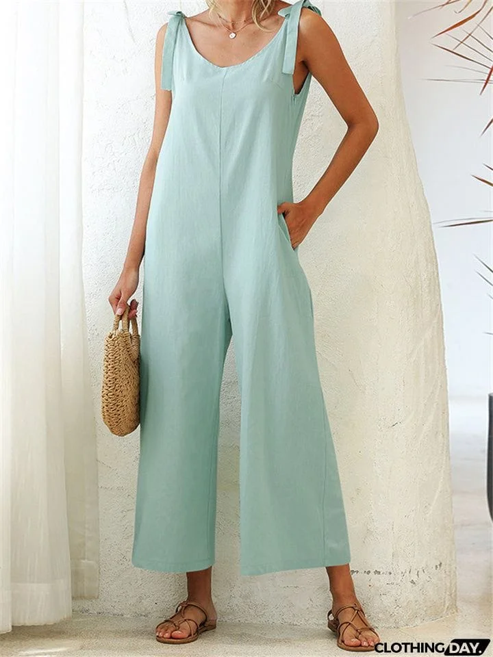 Women's Stylish Solid Color Sleeveless Loose Jumpsuit With Pocket