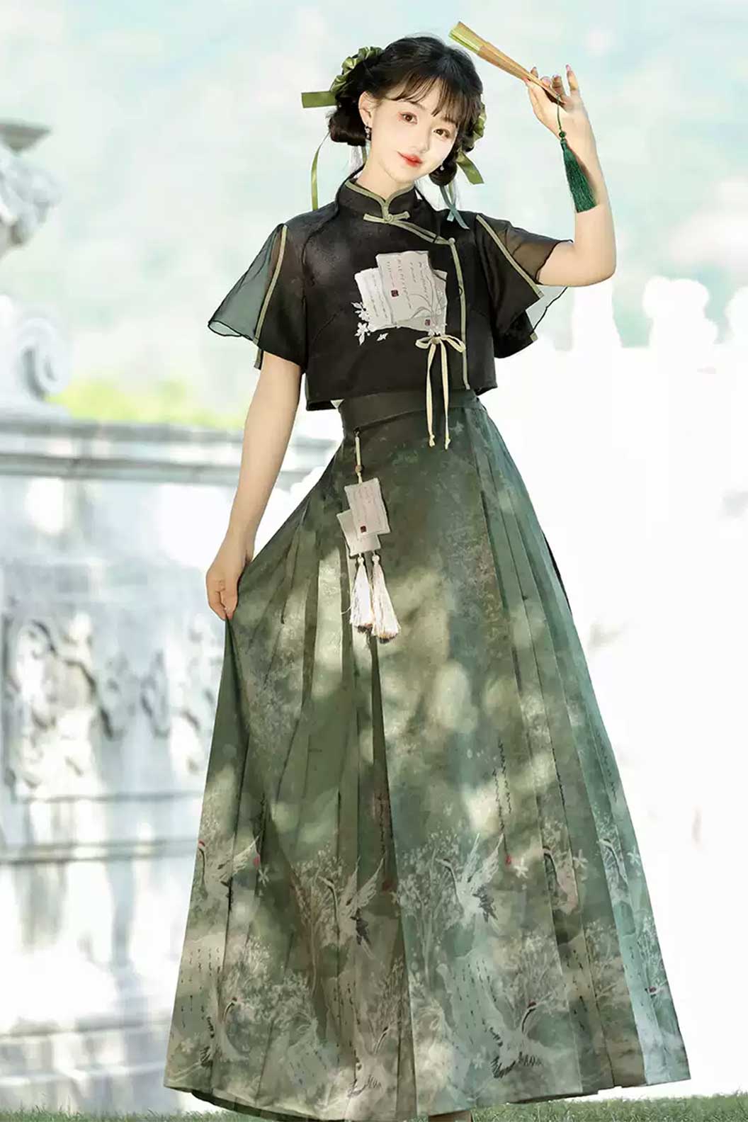 Modern Hanfu with Green-Black Hanfu Dress New Chinese Traditional Style and Ma Mian Skirt - moxianglv 墨香缕  Stupa Stones
