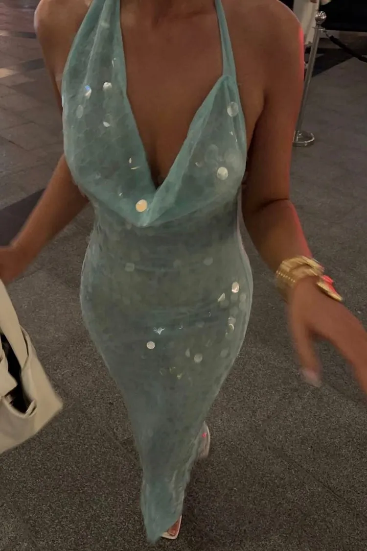 Blue Sequined Long Tulle Prom Dress