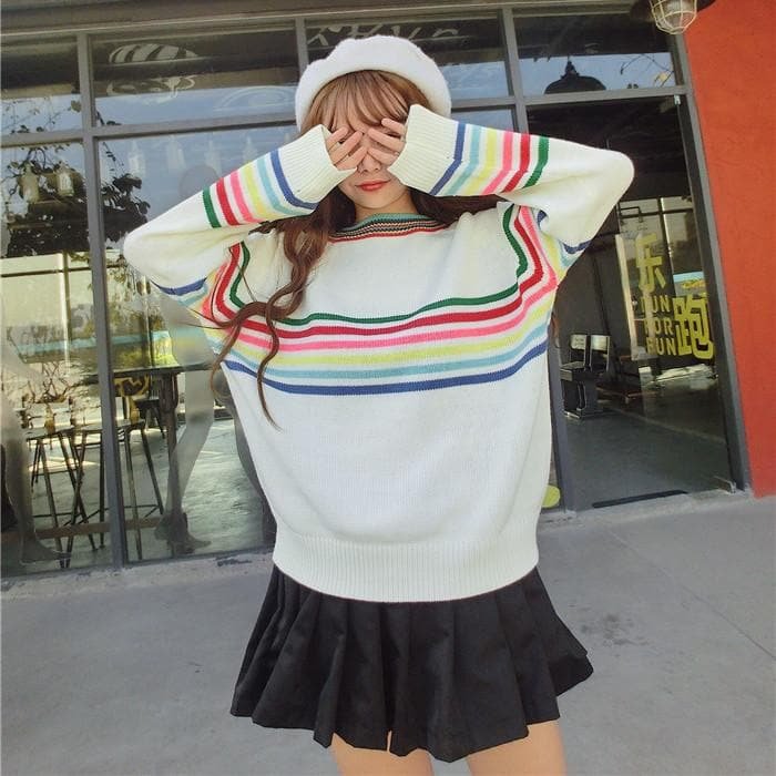 White Kawaii Rainbow Sweater SP1812635