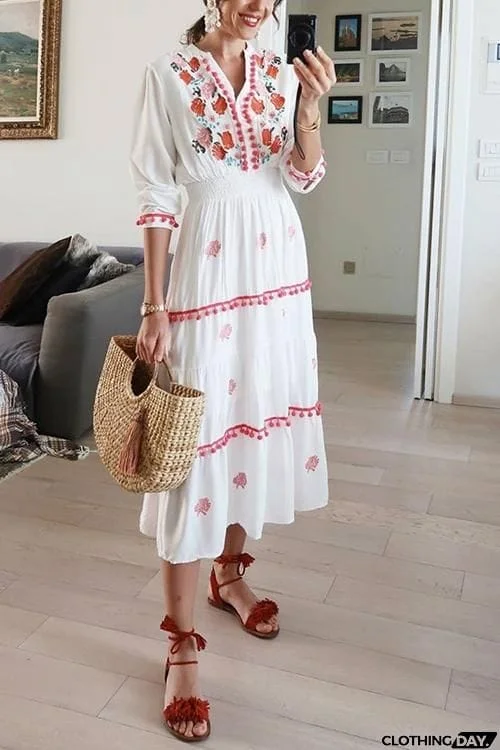 Embroidery Pom Pom Maxi Dress