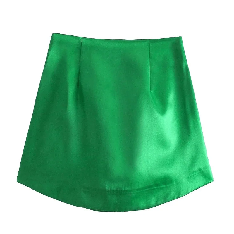 TRAF Women Chic Fashion Soft Touch Shiny Mini Skirt Vintage High Waist Side Zipper Female Skirts Mujer