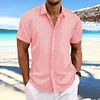 Camicia da uomo a maniche corte jacquard rigata in cotone e lino con revers