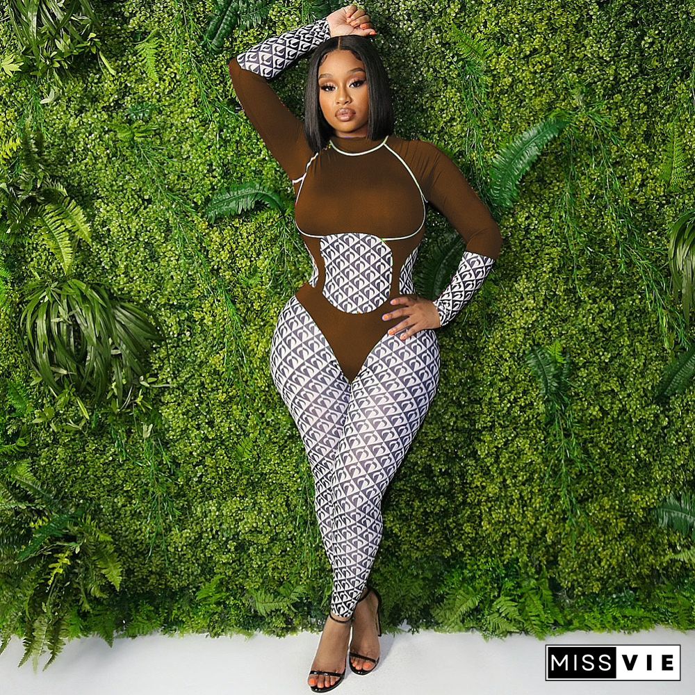 Patchwork Print O Neck Long Sleeve Bodycon Jumpsuit