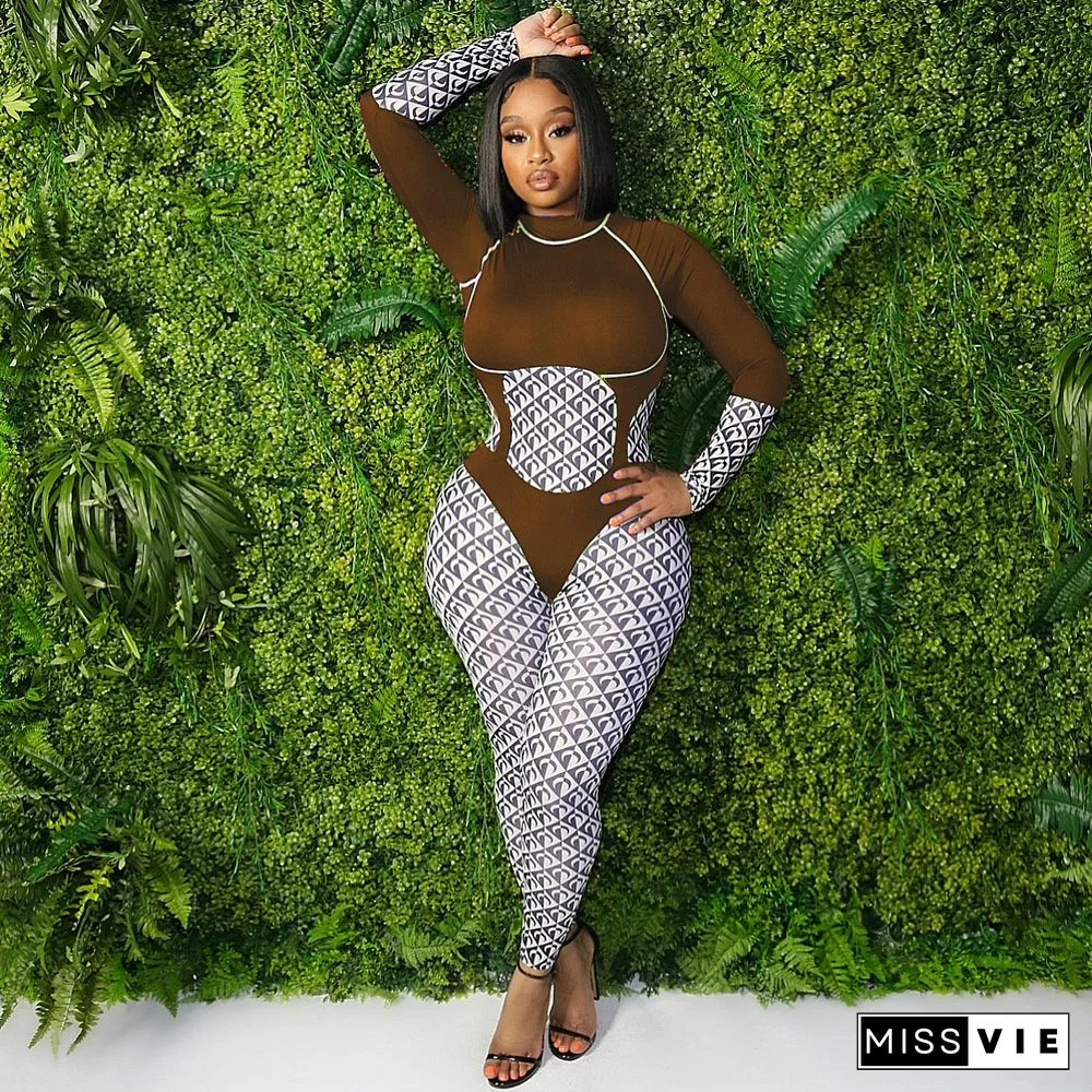 Patchwork Print O Neck Long Sleeve Bodycon Jumpsuit