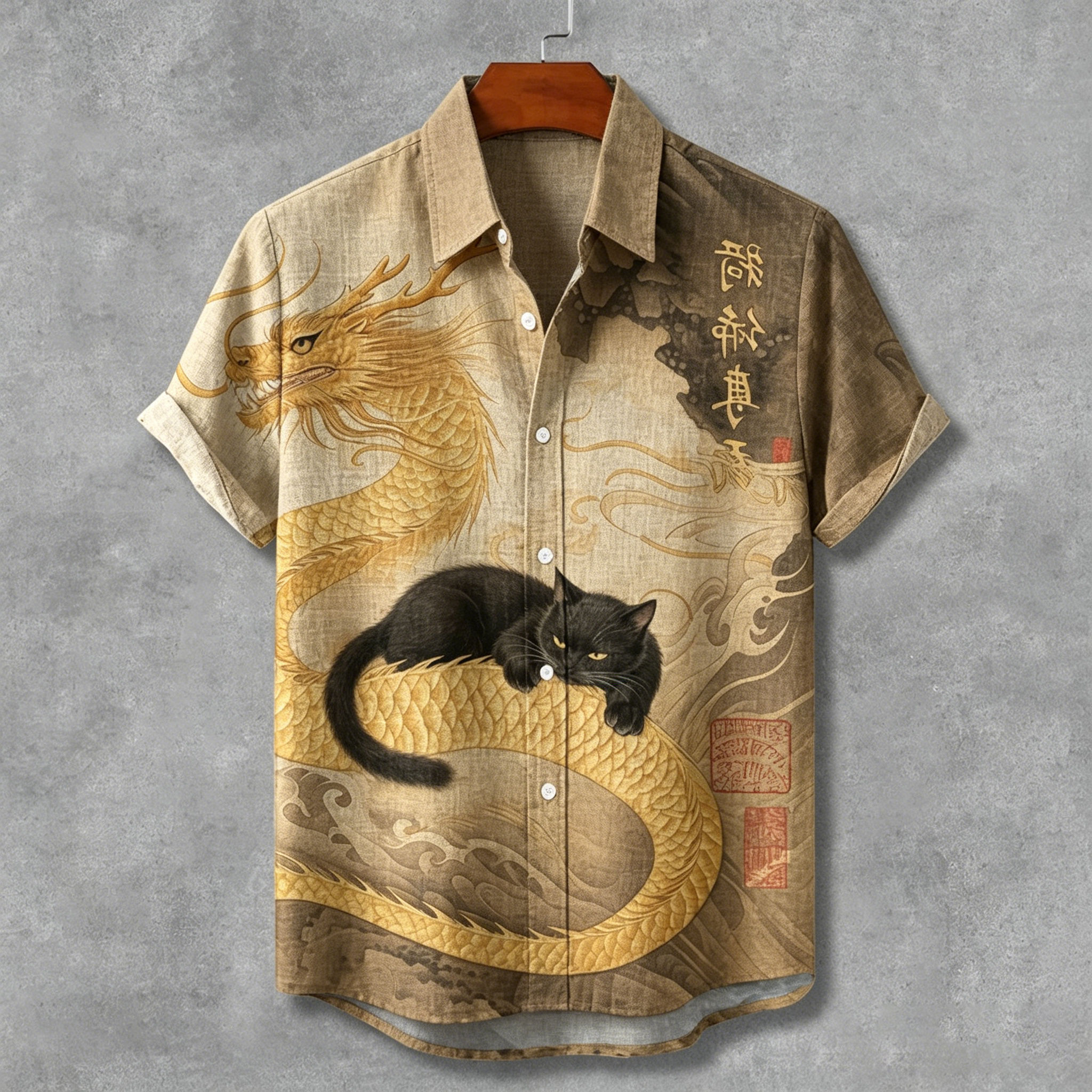 Comstylish Retro Lazy Black Cat With A Dragon Art Linen Shirt