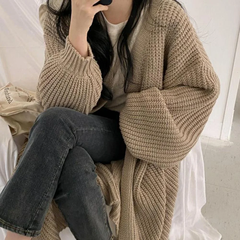 UForever21 Long Cardigan Pure Lantern Sleeve Ribbing Knitted Coat Mujer Vintage Loose Sweater Coat Sweater Oversize Кардиган Женский