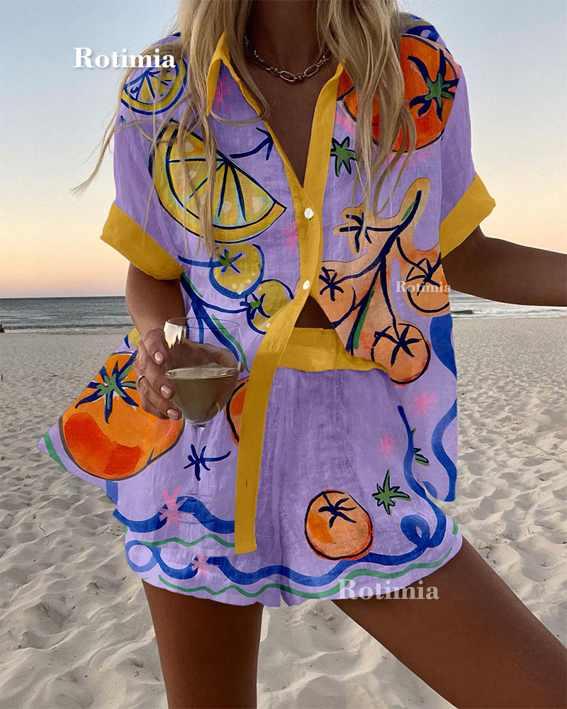 Vegetable Fruit Print Shirt & Shorts Two-Piece Set