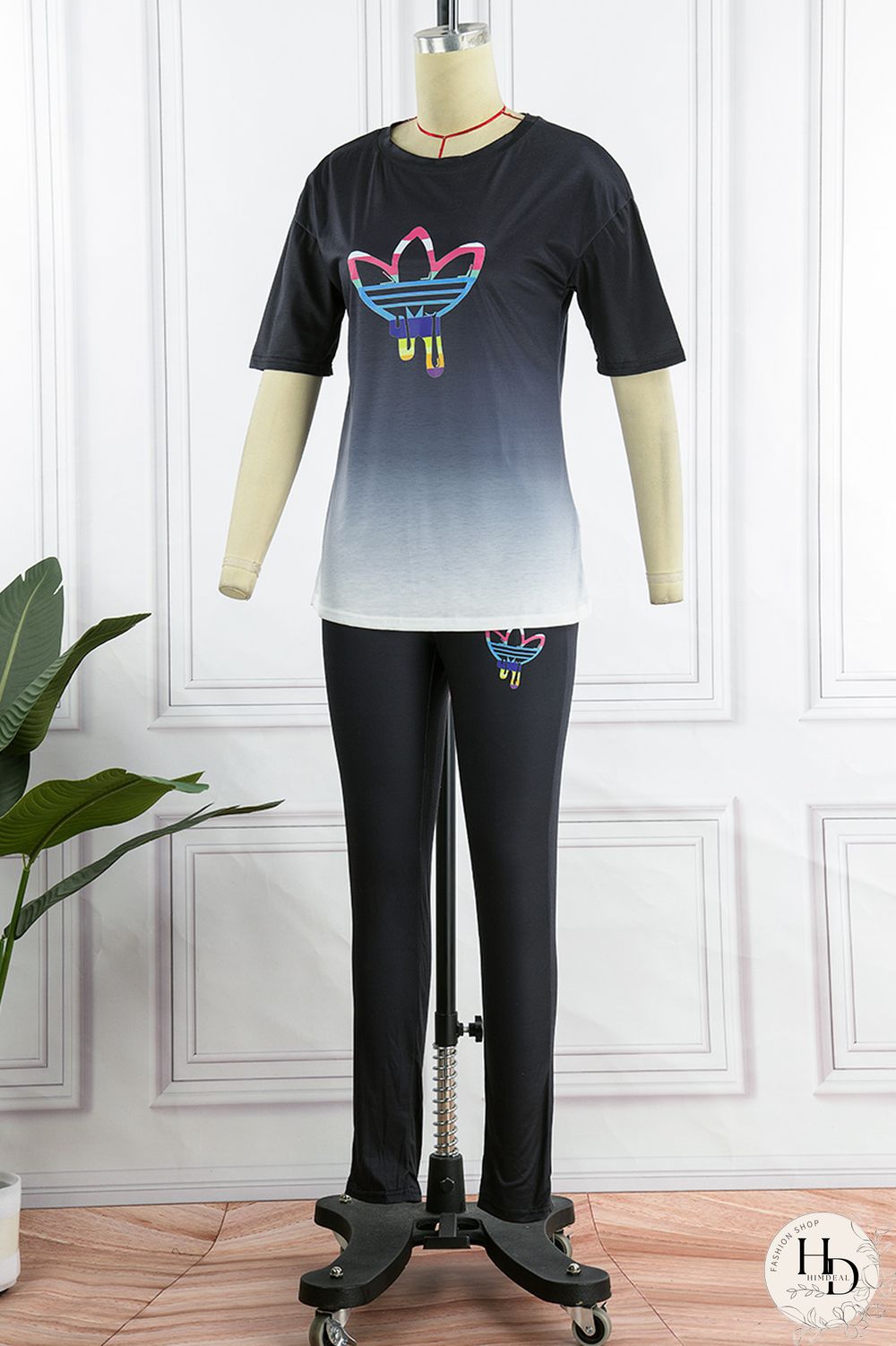 Black Casual Gradual Change Print Basic O Neck Short Sleeve Two Pieces