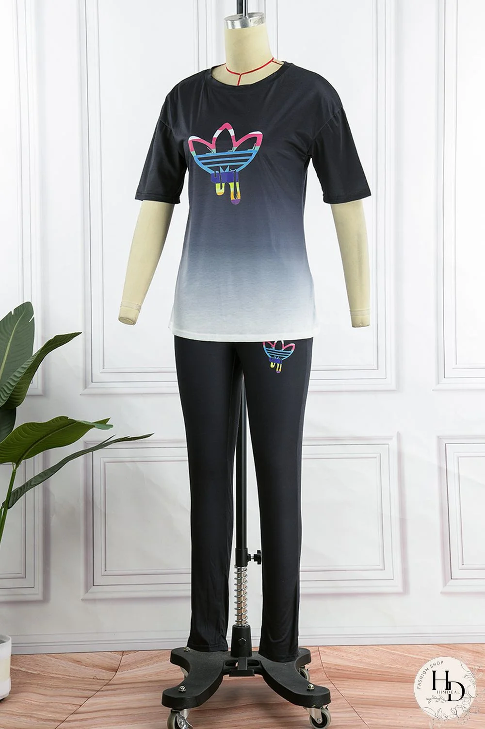 Black Casual Gradual Change Print Basic O Neck Short Sleeve Two Pieces