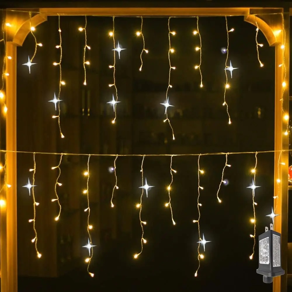 Tegooe Extendable Icicle LED Curtain Lights - Warm White Twinkle IP44 Rated