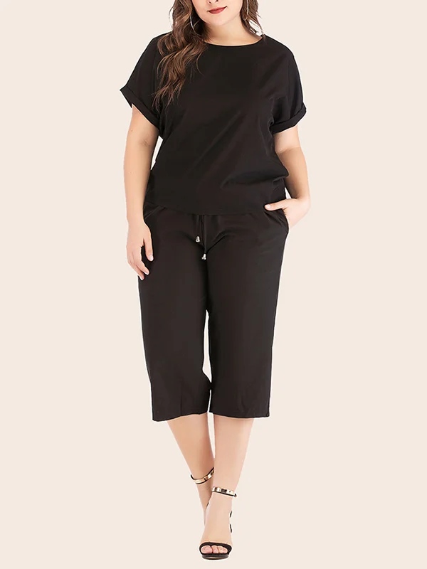 Plus Size Loose Solid Color Round-Neck T-Shirt Tops&Drawstring Pants Bottom Two Pieces Set