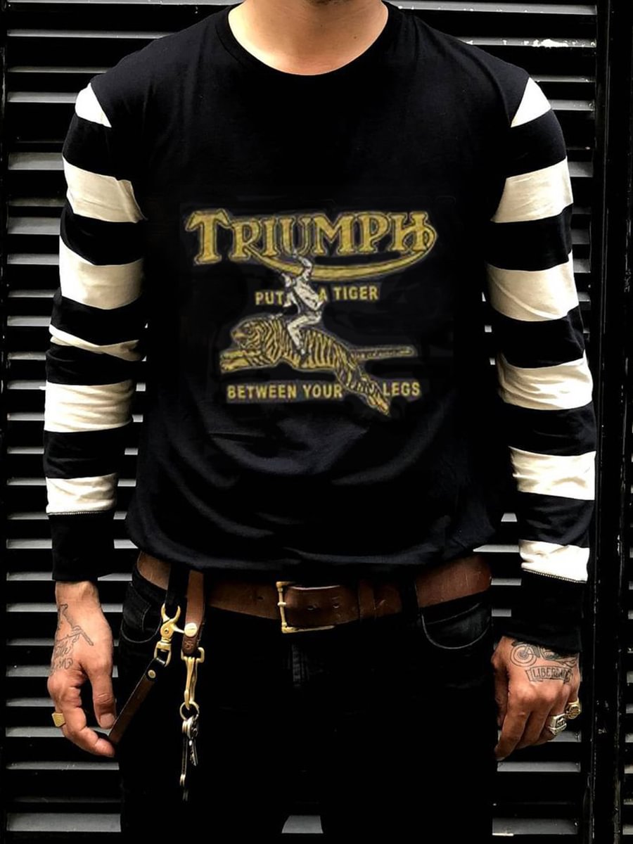Mens Retro Crew Neck Stripes Long Sleeve Tops T-shirts