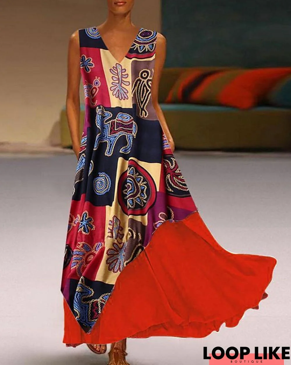 Women's A-Line Dress Maxi Long Dress Sleeveless Print Summer Casual Mumu Red Yellow