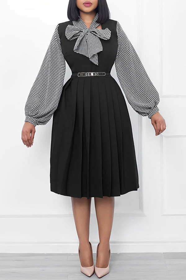 Houndstooth Patchwork Girly Pleated Midi Dress