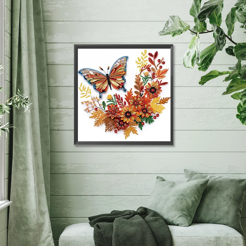 Diamond Painting - Partial Special Shaped Drill - Flower Butterfly(Canvas|30*30cm)
