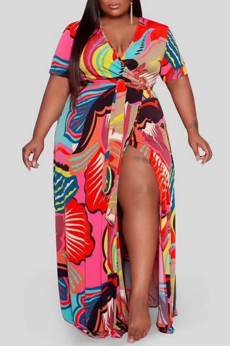 Red Fashion Casual Plus Size Print Slit V Neck Short Sleeve Dress