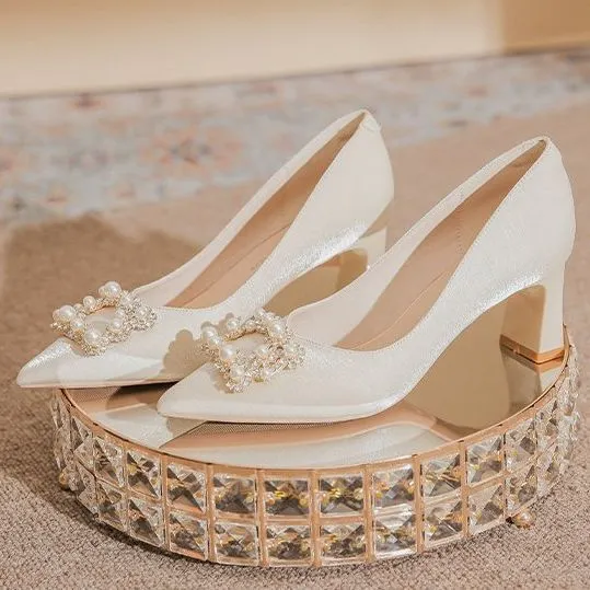 Churchf New Xiuhe Wedding Dress Silk Head Slender High Heel Wedding Shoes Coarse Heel Shallow Singles Women's Dress Shoes