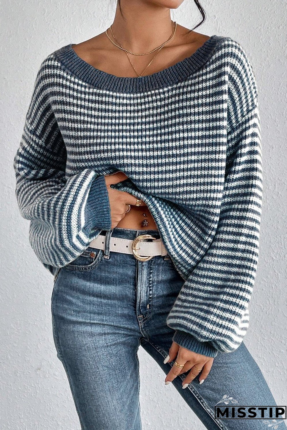 Striped Boat Neck Long Sleeve Sweater