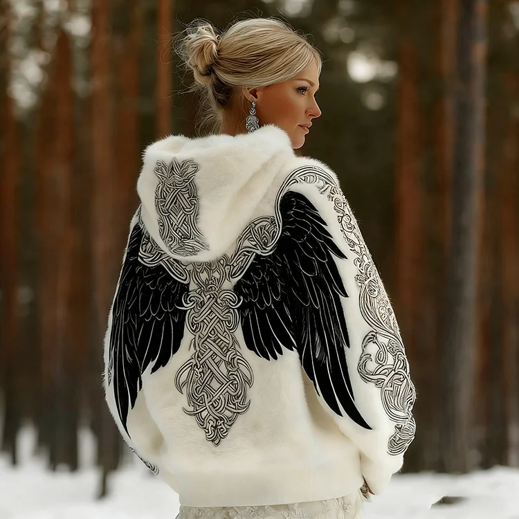 Women's Vintage Viking Wings Celtic Knot Print Flannel Hoodie