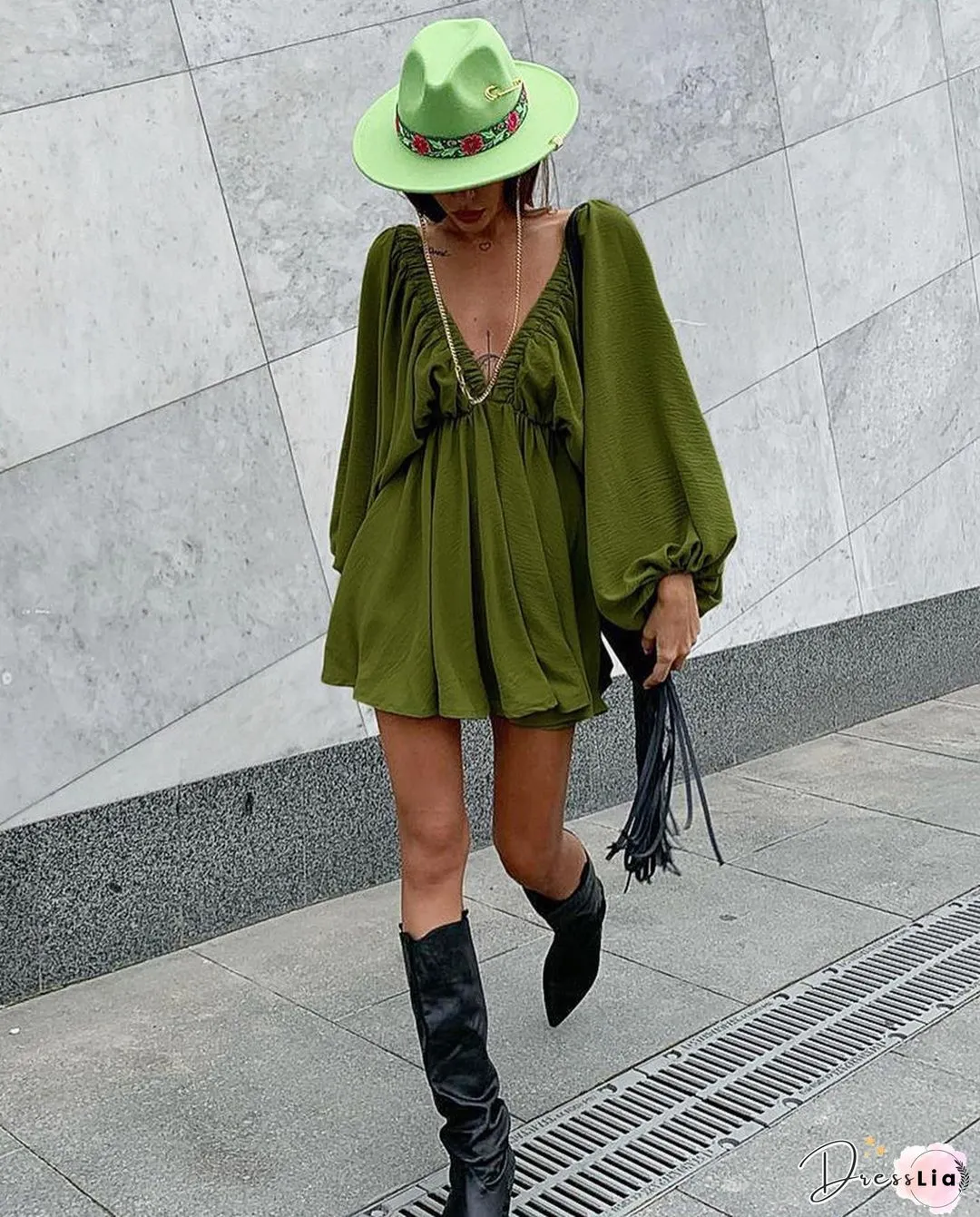 Casual Solid Split Joint V Neck Cake Skirt Dresses(4 Colors)