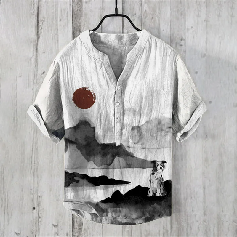 Vintage Sunset Isle Of Dogs Japanese Art Cozy Cotton Linen Shirt