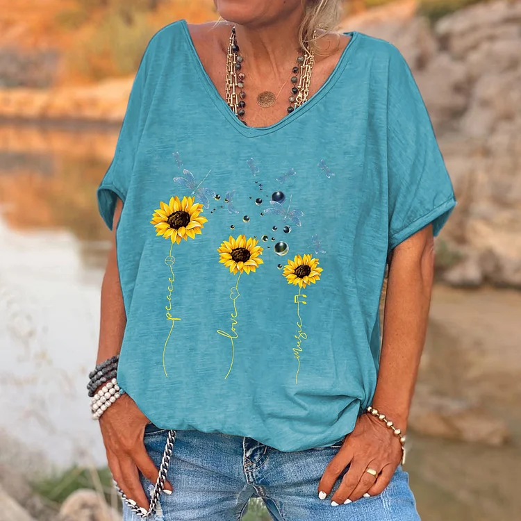 Peace Love Music Printed V-neck Women's T-shirt